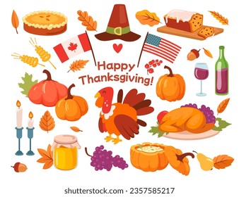 Happy thanksgiving day autumn holiday celebration party event congratulation design element set with traditional food snack and drink, decorative supplies for festive table serving vector illustration