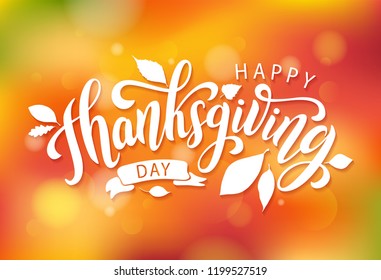 Happy thanksgiving day with autumn leaves. Hand drawn text lettering thanksgiving. Vector illustration. Script. Calligraphic thanksgiving design for print greetings card, shirt, banner. Colorful