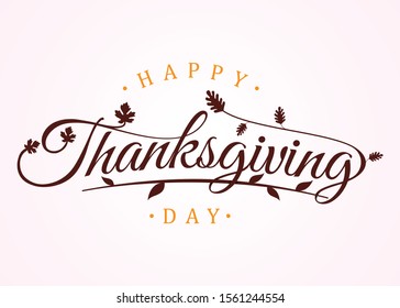 Happy thanksgiving day with autumn leaves. Hand drawn text lettering for Thanksgiving Day. Calligraphic design for print greetings card, shirt, banner, poster. Vector illustration EPS.8 EPS.10