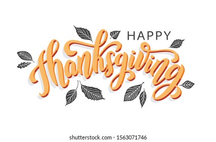 Happy thanksgiving day with autumn leaves. Hand drawn text lettering for Thanksgiving Day. Vector illustration. Script. Calligraphic design for print greetings card, shirt, banner, poster. Colorful