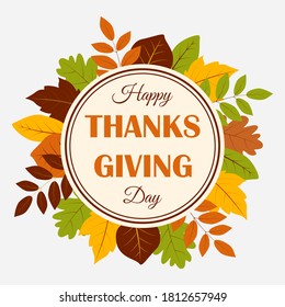 Happy thanksgiving day with autumn leaves. Thanksgiving day greetings card, flyer, banner, poster.