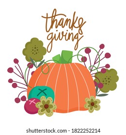 happy thanksgiving day, autumn leaves pumpkin flowers and fruit vector illustration