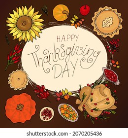 Happy thanksgiving day with autumn leaves, Turkey, apple, jam jar, pie, sunflower, pumpkin. Colorful autumn leaves and text at on brown background. Design element for poster, flyer, greeting card. 
