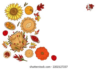 Happy thanksgiving day with autumn leaves, Turkey, apple, jam jar, pie, sunflower, pumpkin. Colorful autumn leaves and text at on white background. Design element for poster, flyer, greeting card.