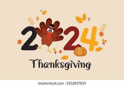 Happy thanksgiving day with autumn leaves. Hand drawn text lettering for Thanksgiving Day. Vector illustration. Script. Calligraphic design for print greetings card, shirt, banner, poster. Colorful