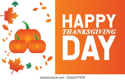 Happy thanksgiving day with autumn leaves and yellow pumpkins illustration. Thanksgiving holiday celebration, fall foliage Holiday concept template with text inscription, perfect for ,Greeting Card