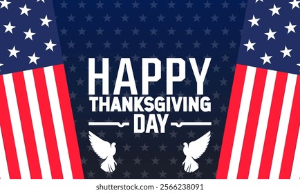 Happy thanksgiving day with autumn leaves and yellow pumpkins illustration. Thanksgiving holiday celebration, fall foliage Holiday concept template with text inscription, perfect for ,Greeting Card,