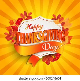 Happy thanksgiving day - autumn sunrays background with colorful leaves and vintage frame with text. Poster template. Vector illustration, EPS 10.
