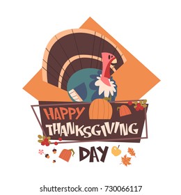 Happy Thanksgiving Day Autumn Traditional Harvest Holiday Greeting Card With Turkey Flat Vector Illustration