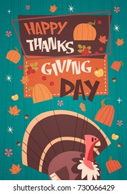 Happy Thanksgiving Day Autumn Traditional Harvest Holiday Greeting Card With Turkey Flat Vector Illustration