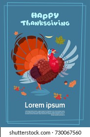Happy Thanksgiving Day Autumn Traditional Harvest Holiday Greeting Card With Turkey Flat Vector Illustration