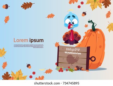 Happy Thanksgiving Day Autumn Traditional Harvest Holiday Greeting Card With Turkey Flat Vector Illustration