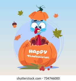 Happy Thanksgiving Day Autumn Traditional Harvest Holiday Greeting Card With Turkey Flat Vector Illustration