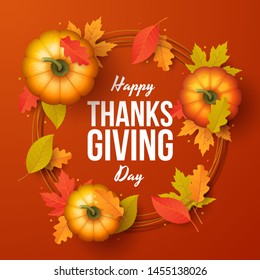 Happy thanksgiving day background with autumn leaves and pumpkins. Vector illustration