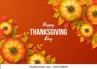 Happy thanksgiving day background with autumn leaves and pumpkins. Vector illustration