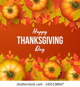 Happy thanksgiving day background with autumn leaves and pumpkins. Vector illustration