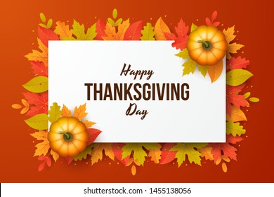 Happy thanksgiving day background with autumn leaves and pumpkins. Vector illustration