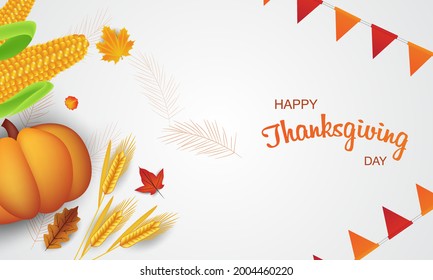 Happy Thanksgiving Day background with autumn leaves, pumpkins, corn, wheat. Hello, autumn. Vector illustration
