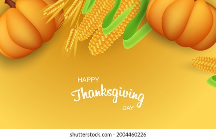 Feliz Día de Acción de Gracias con hojas de otoño, calabazas, maíz, trigo. Hola, otoño. Ilustración del vector