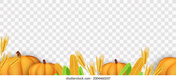 Happy Thanksgiving Day background with autumn leaves, pumpkins, corn, wheat. Hello, autumn. Vector illustration