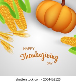 Happy Thanksgiving Day background with autumn leaves, pumpkins, corn, wheat. Hello, autumn. Vector illustration