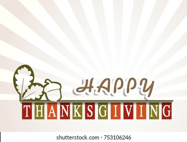 Happy Thanksgiving Day background with autumn tree leaves and acorn,  vector design elements for celebration quotation, use as card, postcard, event icon logo or badge fall season banner, poster.