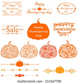 Happy thanksgiving day background. Collection of design elements vintage set isolated on White background. Vector illustration 