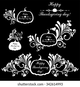 Happy thanksgiving day background. Collection of design elements vintage set isolated on black  background. Vector illustration 