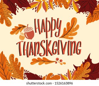 Happy thanksgiving day. Background with colorful autumn illustrations.Poster for holiday celebration. Design vector banner with vintage lettering and hand-drawn graphic elements.