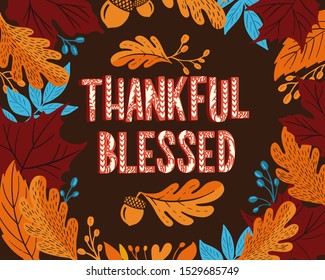 Happy thanksgiving day. Background with colorful autumn illustrations.Poster for holiday celebration. Design vector banner with vintage lettering and hand-drawn graphic elements.