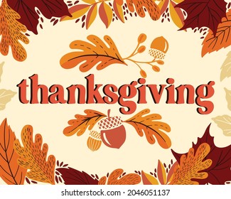 Happy thanksgiving day. Background with colorful autumn illustrations.Poster for holiday celebration. Design vector banner with vintage lettering and hand-drawn graphic elements.