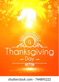 Happy Thanksgiving Day Background. Colorful Autumn Wallpaper with Falling Leaves, Coniferous Forest and Sun. Vector illustration