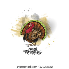 Happy Thanksgiving Day background with cute happy cartoon of turkey bird, Hand Drawn Sketch Vector illustration.