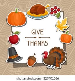 Happy Thanksgiving Day Background Design With Holiday Sticker Objects.