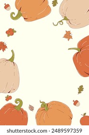 Happy Thanksgiving day background with empty space for your design. Festive frame with autumn leaves, pumpkins, cranberry and acorn. Vertical poster for fall season. Flat vector illustration