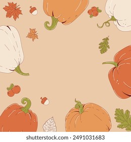 Happy Thanksgiving day background with empty space for your design. Festive frame with autumn leaves, pumpkins, cranberry and acorn. Card for fall season. Flat vector illustration