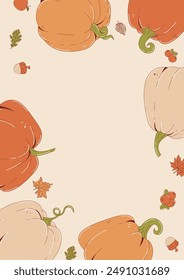 Happy Thanksgiving day background with empty space for your design. Festive frame with autumn leaves, pumpkins, cranberry and acorn. Vertical poster for fall season. Flat vector illustration