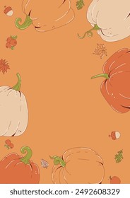 Happy Thanksgiving day background with empty space for your design. Festive frame with autumn leaves, pumpkins, cranberry and acorn. Vertical poster for fall season. Flat vector illustration