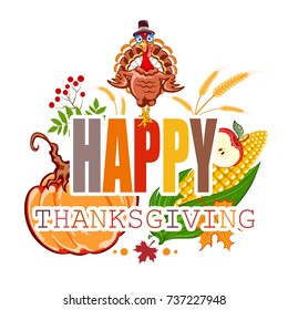 Happy thanksgiving day background frame, pumpkin,corn, bird turkey. vector illustration