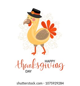 Happy Thanksgiving Day background. Greeting card with funny cartoon turkey in a hat and handwritten text.