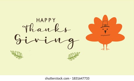 Happy thanksgiving day background with lettering and illustrations of leave turkey. Thanksgiving icon. Calligraphy of "Thanksgiving". Hand drew Happy Thanksgiving typography in autumn wreath banner. 