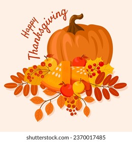 Happy Thanksgiving Day background with lettering and illustrations.Leaves, berries, pumpkin.Vector