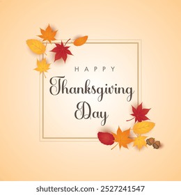 Happy thanksgiving day background with lettering and autumn leaf illustrations.