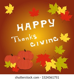 Happy thanksgiving day background with pumpkin and  maple leaf, yellow and orange background, vector illustration