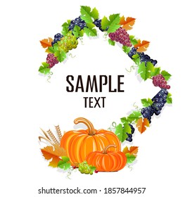 Happy Thanksgiving day background with pumpkins, grapes and yellow leaves. Autumn holiday. Vector illustration.