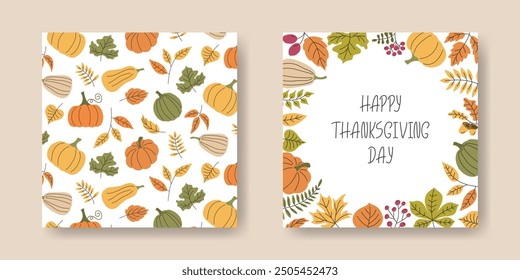 Happy Thanksgiving Day Background. Pumpkins, leaves, Hand lettering. Autumn holiday cute illustration. Template for Seasonal banner, card, flyer design