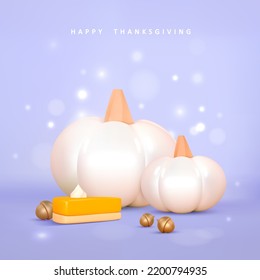 Happy Thanksgiving day background. Realistic pumpkins and pumpkin pie slice cookies. Autumn 3d design elements.Vector illustration