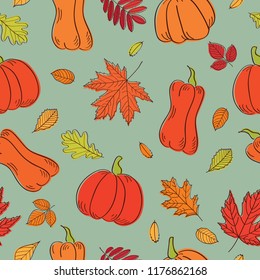 Happy Thanksgiving Day background.  Seamless pattern with autumn leaves and pumpkins for textile, wallpapers, gift wrap and scrapbook. Vector illustration.