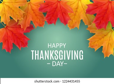 Happy Thanksgiving Day Background with Shiny Autumn Natural Leaves. Vector Illustration EPS10