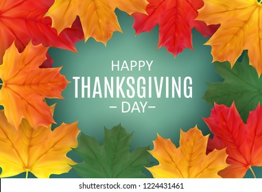 Happy Thanksgiving Day Background with Shiny Autumn Natural Leaves. Vector Illustration EPS10